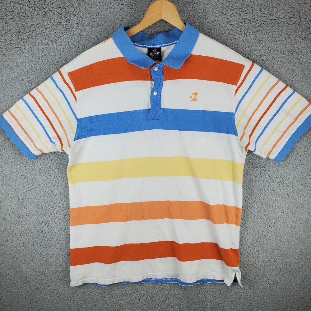 Starbury Men’s Short Sleeve Polo Button Shirt Large Blue White Orange Striped
